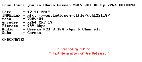 NFO for the release Love.finds.you.in.Charm.German.2015.AC3.BDRip.x264-CHECKMATE by CHECKMATE