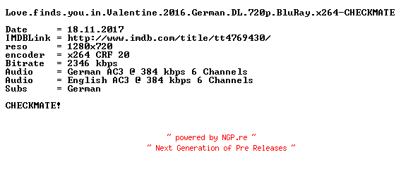 NFO for the release Love.finds.you.in.Valentine.2016.German.DL.720p.BluRay.x264-CHECKMATE by CHECKMATE