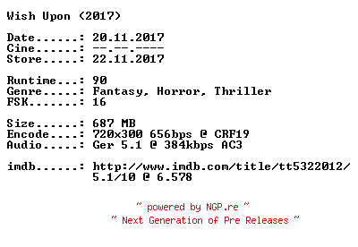 NFO for the release Wish.Upon.German.2017.AC3.BDRip.x264-CiNEViSiON by CiNEViSiON