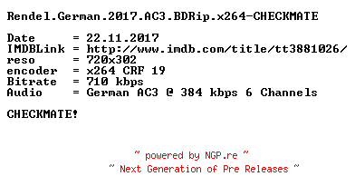 NFO for the release Rendel.German.2017.AC3.BDRip.x264-CHECKMATE by CHECKMATE