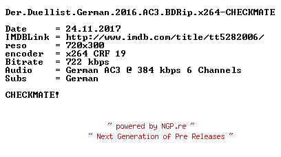 NFO for the release Der.Duellist.German.2016.AC3.BDRip.x264-CHECKMATE by CHECKMATE