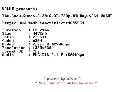 NFO for the release The.Snow.Queen.3.2016.3D.720p.BluRay.x264-VALUE by VALUE