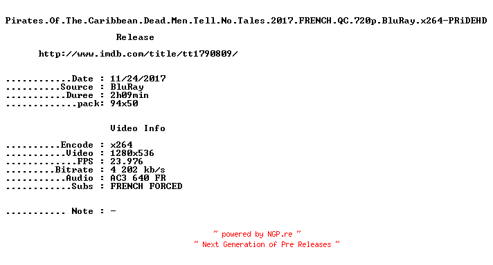NFO for the release Pirates.Of.The.Caribbean.Dead.Men.Tell.No.Tales.2017.FRENCH.QC.720p.BluRay.x264-PRiDEHD by PRiDEHD