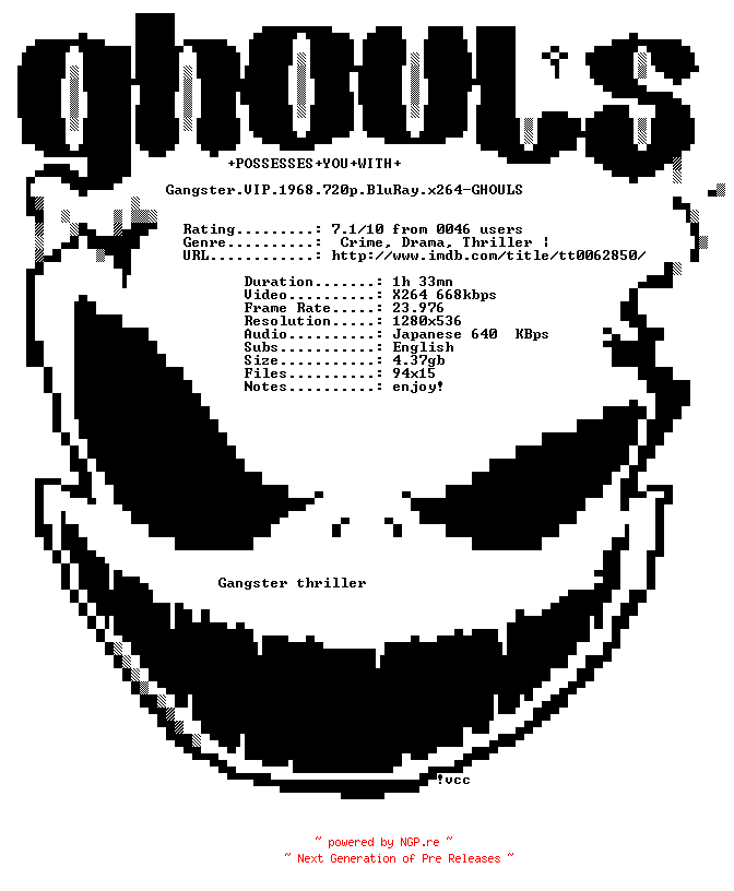 NFO for the release Gangster.VIP.1968.720p.BluRay.x264-GHOULS by GHOULS