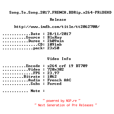 NFO for the release Song.To.Song.2017.FRENCH.BDRip.x264-PRiDEHD by PRiDEHD