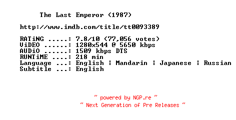 NFO for the release The.Last.Emperor.1987.Television.Version.720p.BluRay.x264-SUMMERX by SUMMERX
