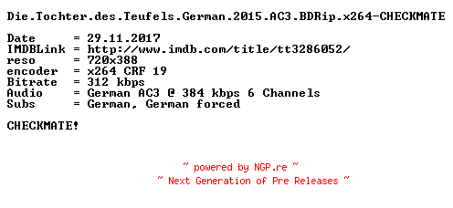 NFO for the release Die.Tochter.des.Teufels.German.2015.AC3.BDRip.x264-CHECKMATE by CHECKMATE