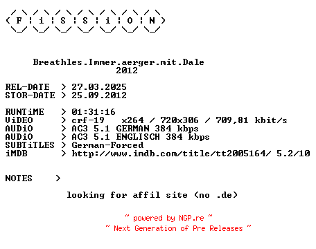 NFO for the release Breathles.Immer.aerger.mit.Dale.German.2012.DL.BDRiP.x264.iNTERNAL-FiSSiON by FiSSiON