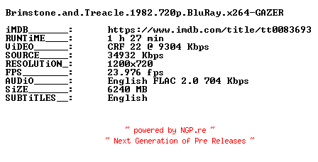NFO for the release Brimstone.and.Treacle.1982.720p.BluRay.x264-GAZER by GAZER