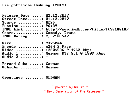 NFO for the release Die.goettliche.Ordnung.2017.German.720p.BluRay.x264-SPiCY by SPiCY