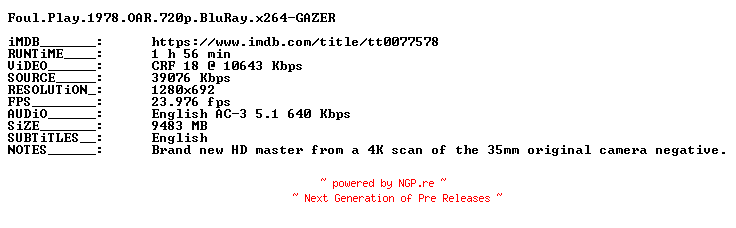 NFO for the release Foul.Play.1978.OAR.720p.BluRay.x264-GAZER by GAZER