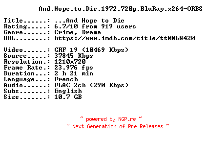 NFO for the release And.Hope.to.Die.1972.720p.BluRay.x264-ORBS by ORBS