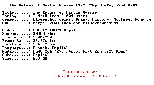 NFO for the release The.Return.of.Martin.Guerre.1982.720p.BluRay.x264-ORBS by ORBS