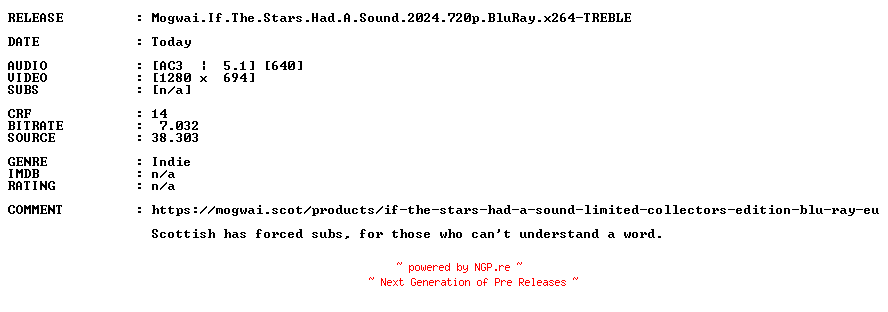NFO for the release Mogwai.If.The.Stars.Had.A.Sound.2024.720p.BluRay.x264-TREBLE by TREBLE