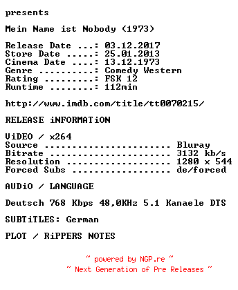 NFO for the release Mein.Name.ist.Nobody.1973.German.720p.BluRay.x264.iNTERNAL-KULTFiLME by KULTFiLME