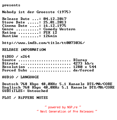 NFO for the release Nobody.ist.der.Groesste.1975.German.720p.BluRay.x264.iNTERNAL-KULTFiLME by KULTFiLME