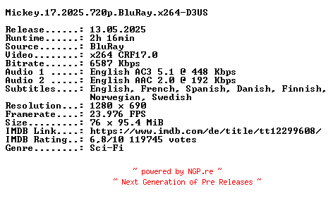 NFO for the release Mickey.17.2025.720p.BluRay.x264-D3US by D3US