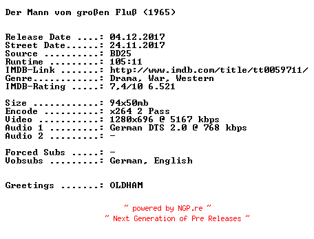 NFO for the release Der.Mann.vom.grossen.Fluss.1965.German.720p.BluRay.x264-SPiCY by SPiCY