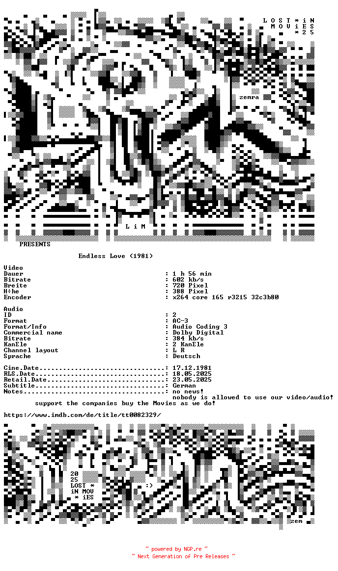 NFO for the release Endlose.Liebe.German.1981.AC3.BDRip.x264-LIM by LIM