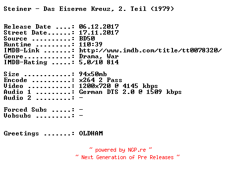 NFO for the release Steiner.Das.Eiserne.Kreuz.2.1979.German.720p.BluRay.x264-SPiCY by SPiCY