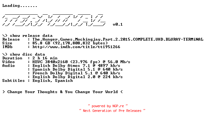 NFO for the release The.Hunger.Games.Mockingjay.Part.2.2015.COMPLETE.UHD.BLURAY-TERMiNAL by TERMiNAL