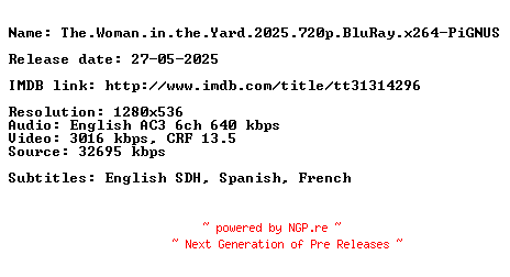 NFO for the release The.Woman.in.the.Yard.2025.720p.BluRay.x264-PiGNUS by PiGNUS
