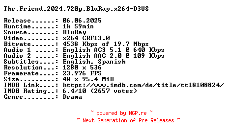NFO for the release The.Friend.2024.720p.BluRay.x264-D3US by D3US