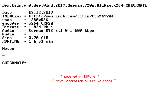 NFO for the release Der.Wein.und.der.Wind.2017.German.720p.BluRay.x264-CHECKMATE by CHECKMATE