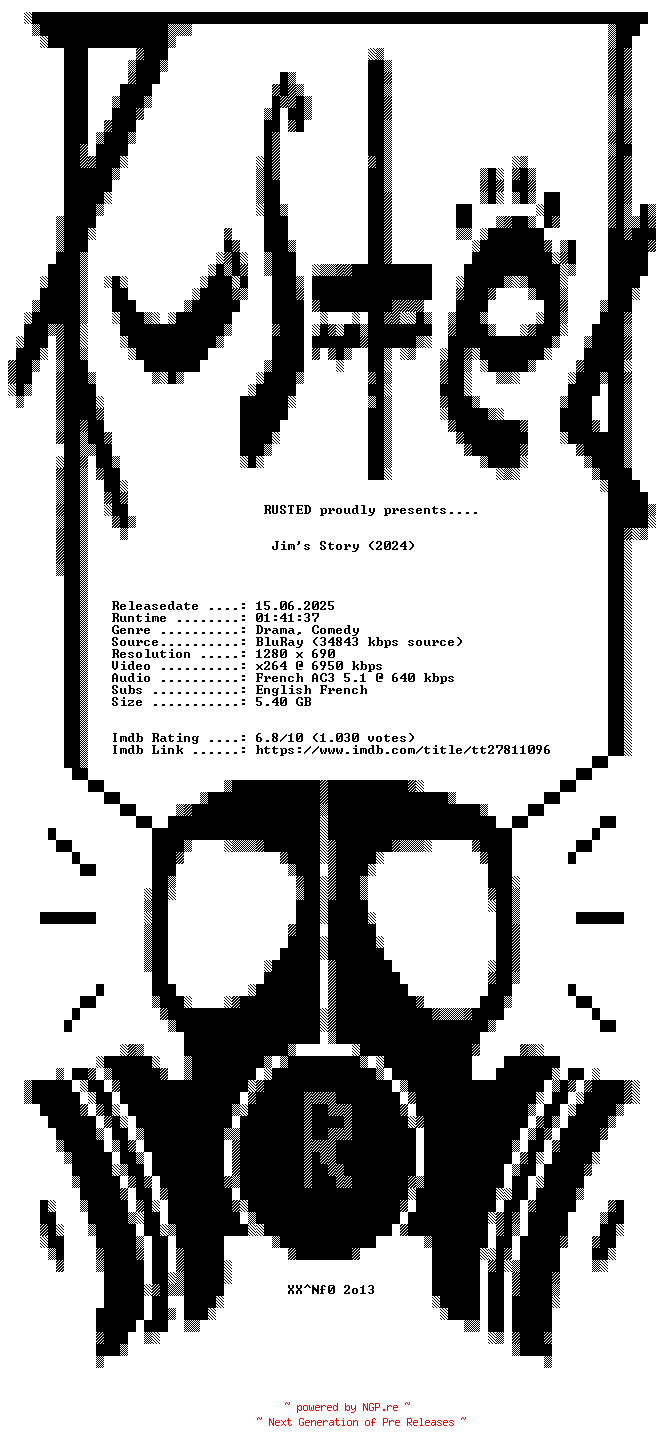 NFO for the release Jims.Story.2024.720p.BluRay.x264-RUSTED by RUSTED