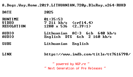 NFO for the release A.Dogs.Way.Home.2019.LITHUANIAN.720p.BluRay.x264-RUHD by RUHD