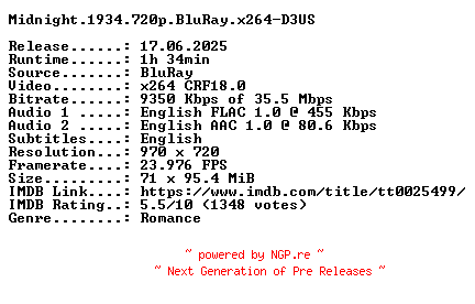 NFO for the release Midnight.1934.720p.BluRay.x264-D3US by D3US