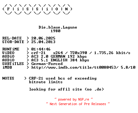 NFO for the release Die.blaue.Lagune.German.1980.DL.BDRiP.x264.iNTERNAL-FiSSiON by FiSSiON