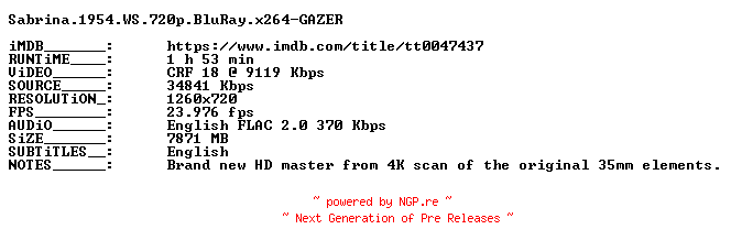 NFO for the release Sabrina.1954.WS.720p.BluRay.x264-GAZER by GAZER