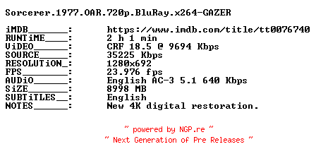 NFO for the release Sorcerer.1977.OAR.720p.BluRay.x264-GAZER by GAZER