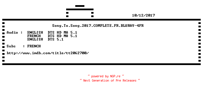 NFO for the release Song.To.Song.2017.COMPLETE.FR.BLURAY-4FR by 4FR