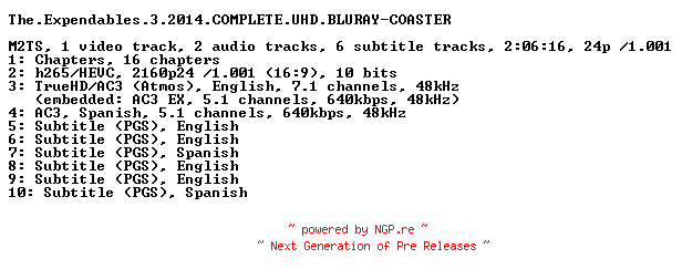 NFO for the release The.Expendables.3.2014.COMPLETE.UHD.BLURAY-COASTER by COASTER