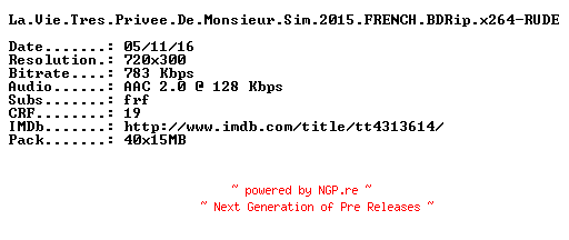 NFO for the release La.Vie.Tres.Privee.De.Monsieur.Sim.2015.FRENCH.BDRip.x264-RUDE by RUDE