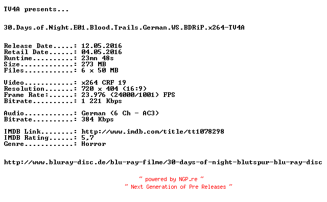 NFO for the release 30.Days.of.Night.E01.Blood.Trails.German.WS.BDRiP.x264-TV4A by TV4A