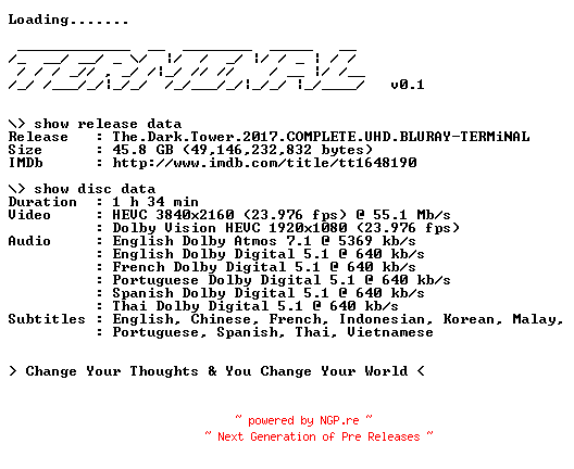 NFO for the release The.Dark.Tower.2017.COMPLETE.UHD.BLURAY-TERMiNAL by TERMiNAL
