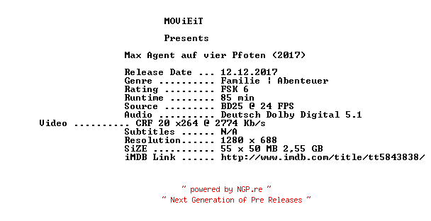 NFO for the release Max.Agent.auf.vier.Pfoten.2017.German.720p.BluRay.x264-MOViEiT by MOViEiT
