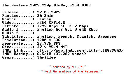 NFO for the release The.Amateur.2025.720p.BluRay.x264-D3US by D3US