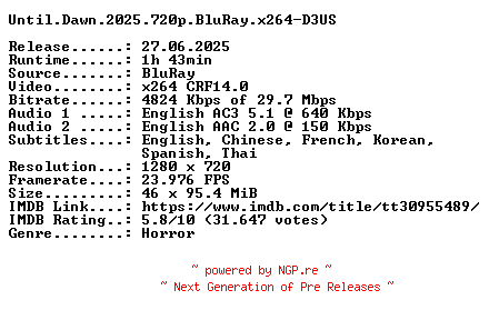 NFO for the release Until.Dawn.2025.720p.BluRay.x264-D3US by D3US