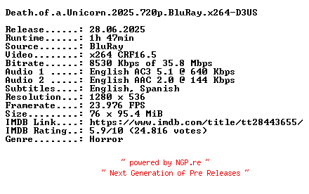 NFO for the release Death.of.a.Unicorn.2025.720p.BluRay.x264-D3US by D3US