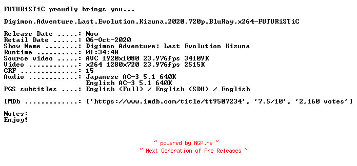 NFO for the release Digimon.Adventure.Last.Evolution.Kizuna.2020.720p.BluRay.x264-FUTURiSTiC by FUTURiSTiC