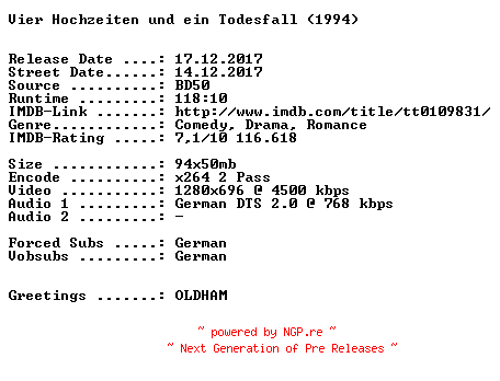 NFO for the release Vier.Hochzeiten.und.ein.Todesfall.1994.German.720p.BluRay.x264-SPiCY by SPiCY