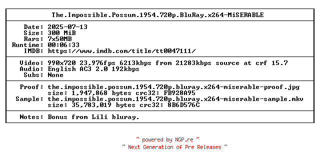 NFO for the release The.Impossible.Possum.1954.720p.BluRay.x264-MiSERABLE by MiSERABLE