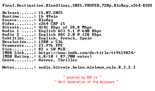 NFO for the release Final.Destination.Bloodlines.2025.PROPER.720p.BluRay.x264-D3US by D3US