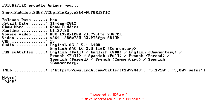 NFO for the release Snow.Buddies.2008.720p.BluRay.x264-FUTURiSTiC by FUTURiSTiC