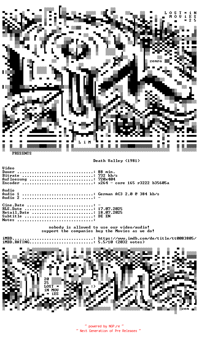NFO for the release Death.Valley.German.1982.AC3.BDRip.x264-LIM by LIM