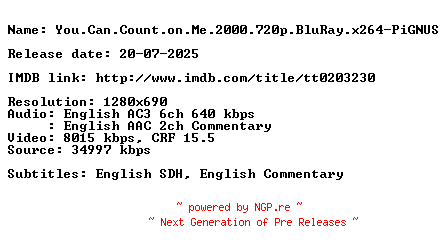 NFO for the release You.Can.Count.on.Me.2000.720p.BluRay.x264-PiGNUS by PiGNUS